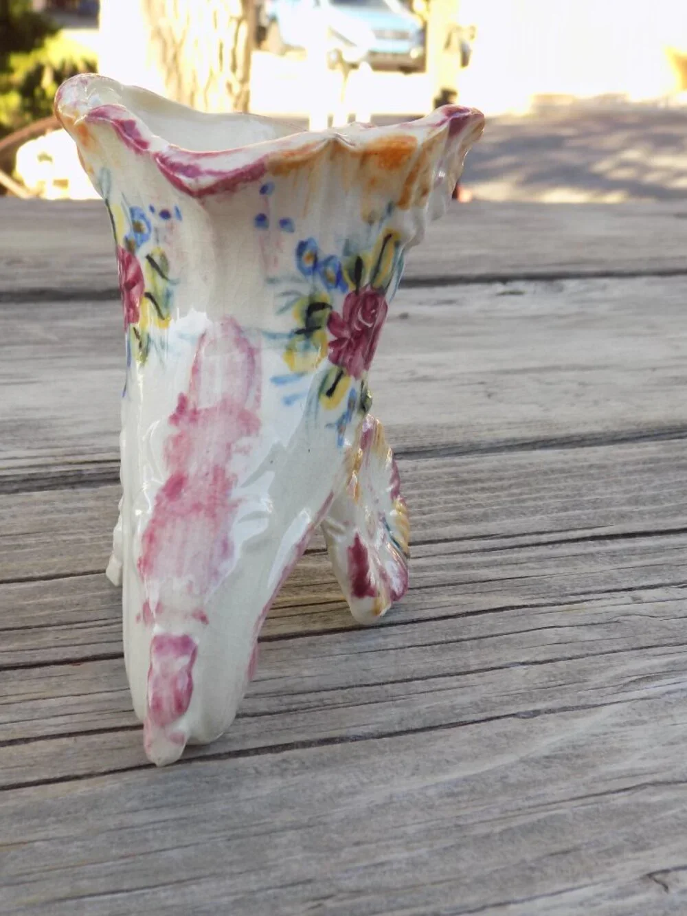 Cornucopia Thanksgiving Ceramic Vase Planter, Pink Flowers and White, Floral, *
